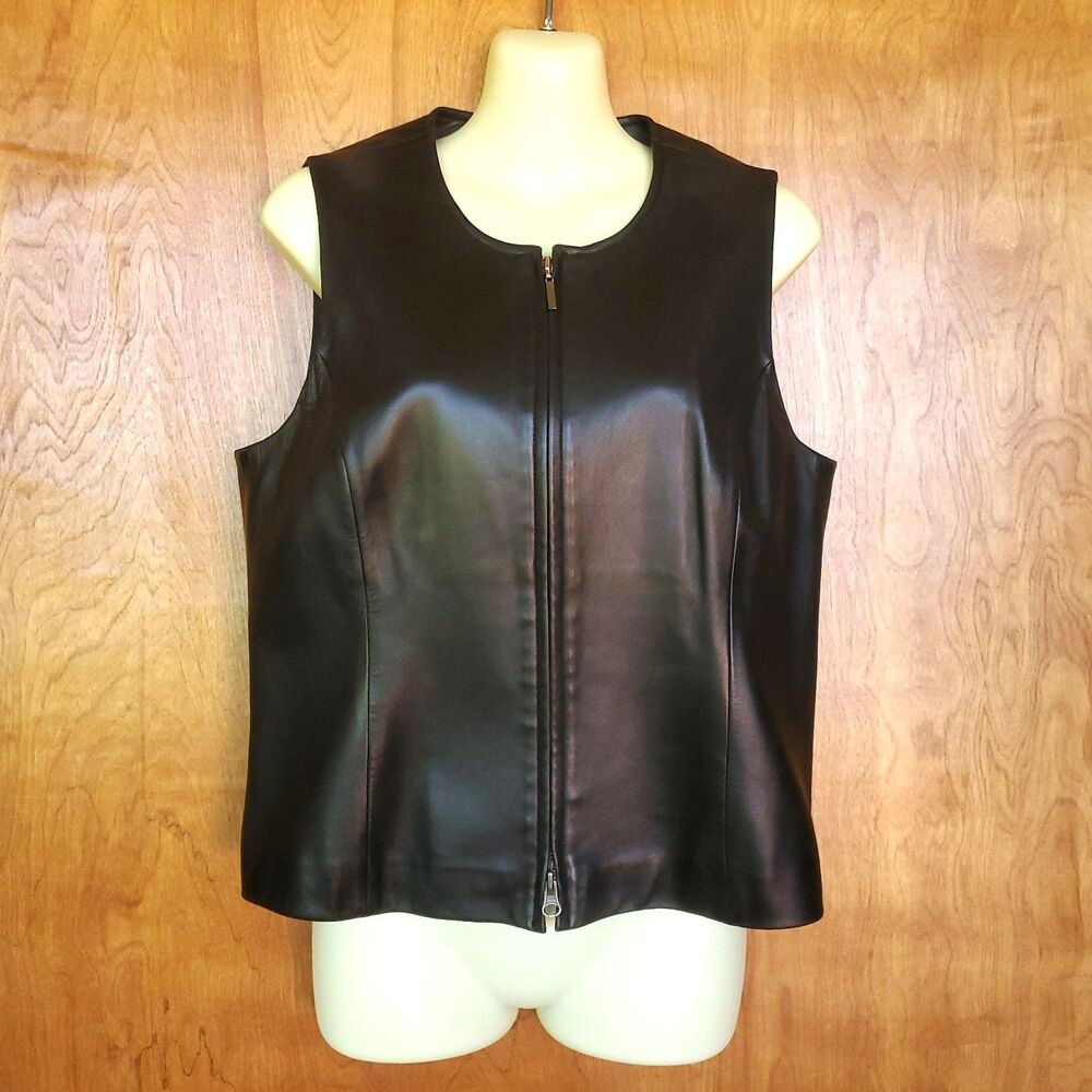 Talbots Vintage Black Leather Vest 8P 8 Petite Full Zip Lined Bikercore Grunge